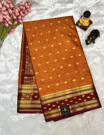 Orange Semi Mysore Silk Saree with Contrast Maroon Border - Butta All Over