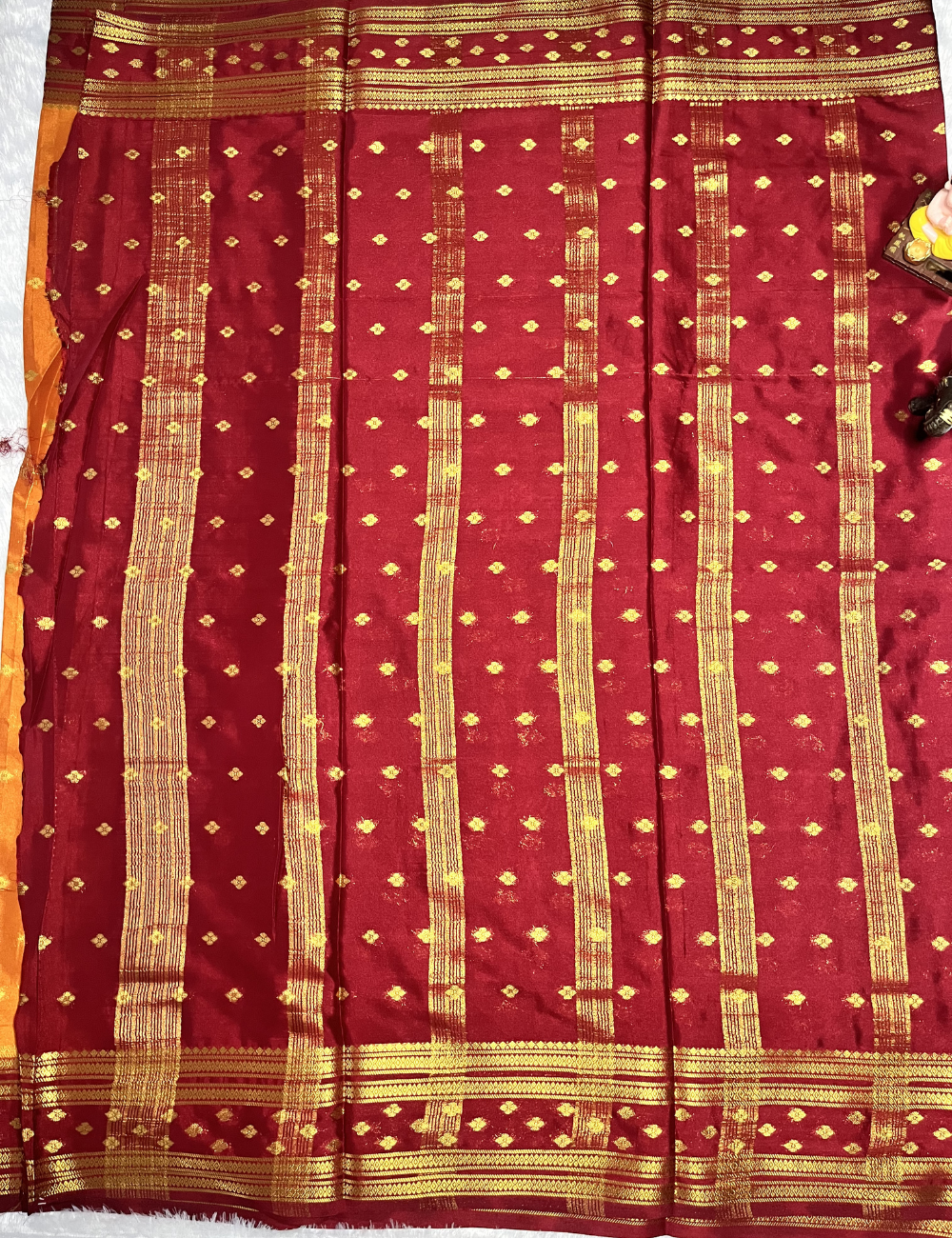 Orange Semi Mysore Silk Saree with Contrast Maroon Border - Butta All Over