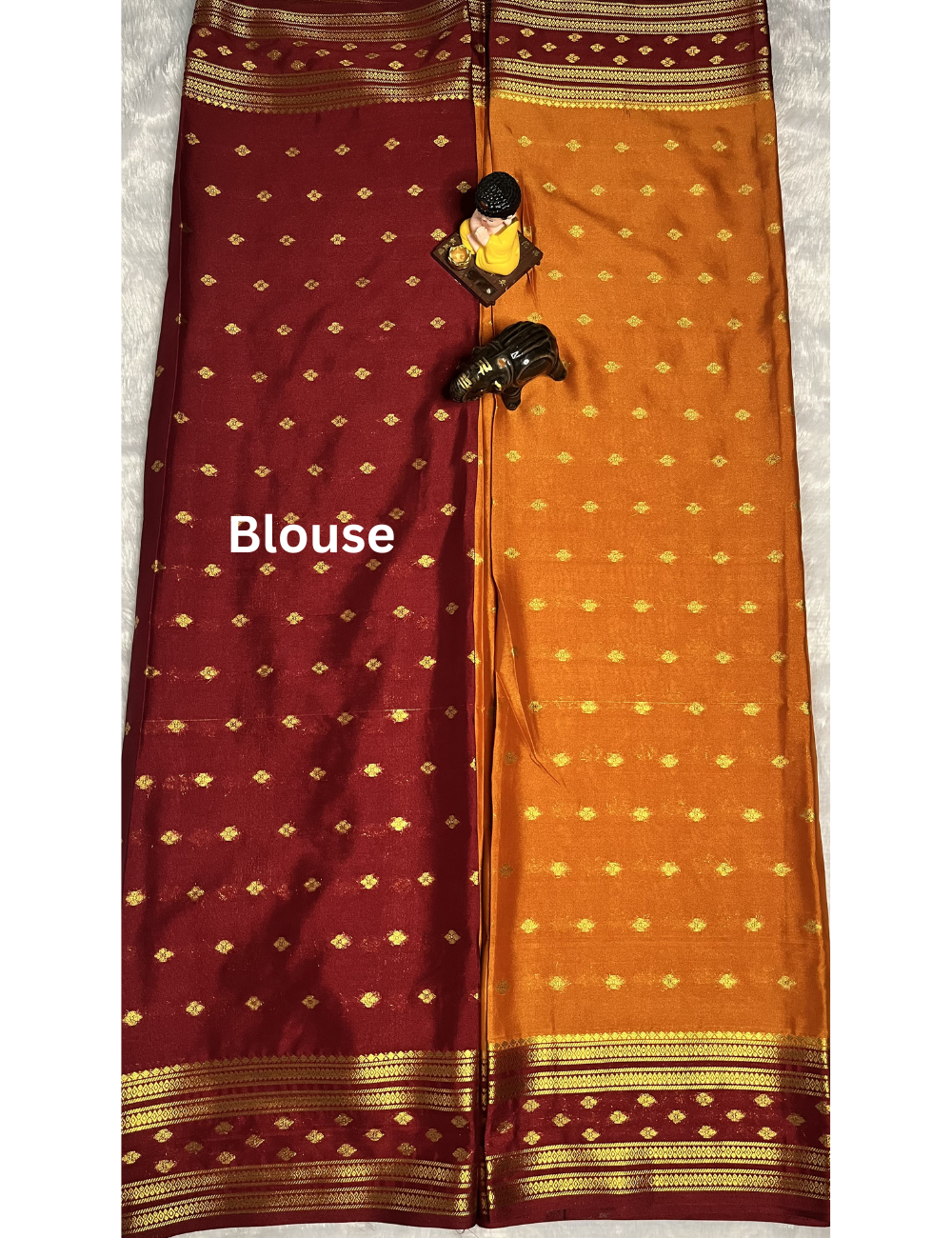 Orange Semi Mysore Silk Saree with Contrast Maroon Border - Butta All Over