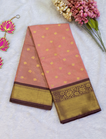 Semi Banarasi Saree - Pink with Coffee Brown - Small Checks Body