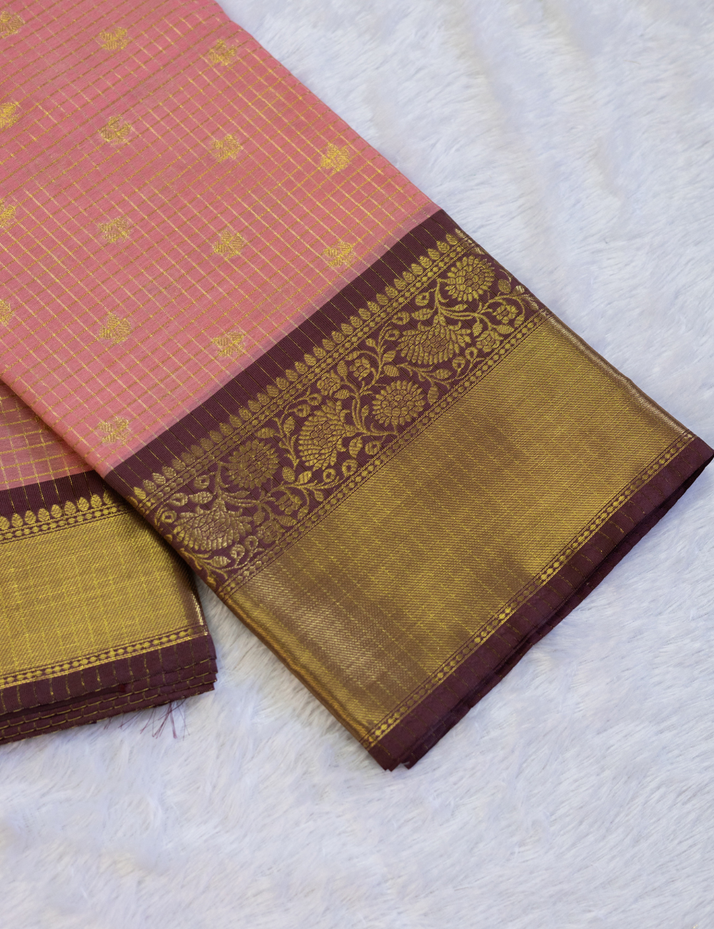 Semi Banarasi Saree - Pink with Coffee Brown - Small Checks Body