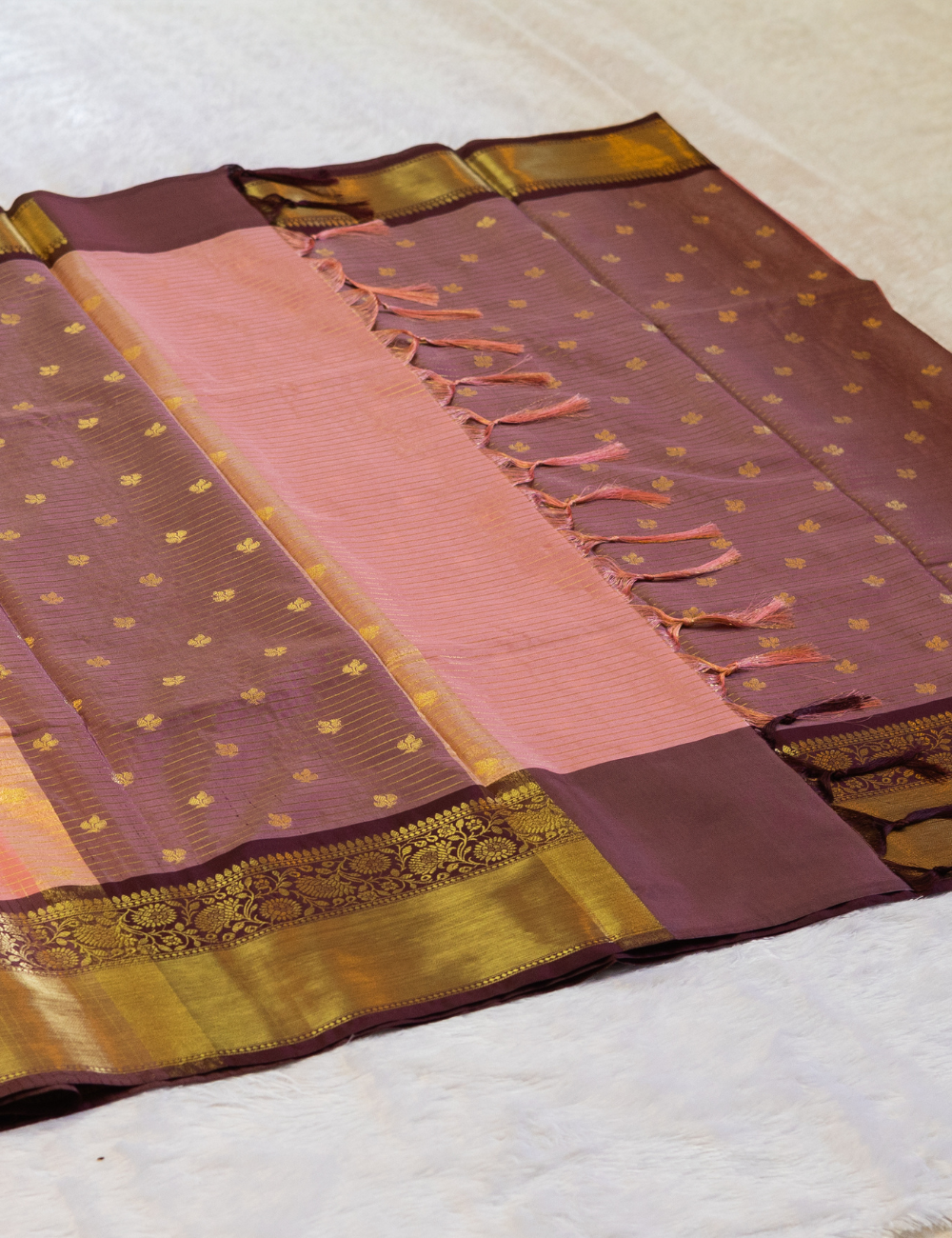 Semi Banarasi Saree - Pink with Coffee Brown - Small Checks Body