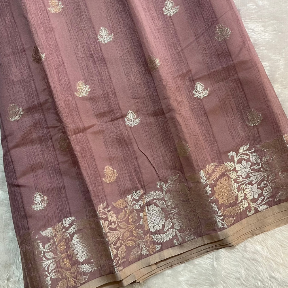 Semi Tussar Saree in Pastel Pink - Silver Zari - Floral Buttas and Border
