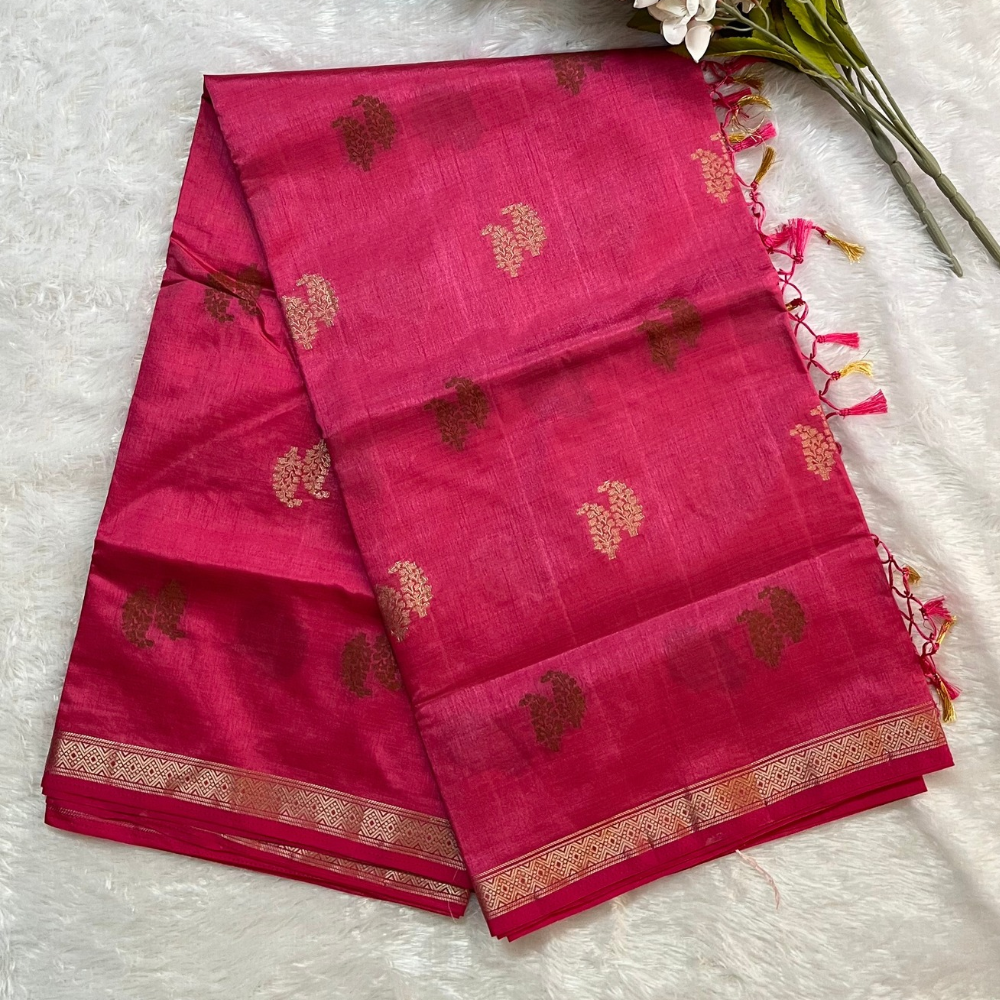 Pink Semi Tussar Saree with Gold and Copper Buttas - Small Border