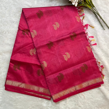 Pink Semi Tussar Saree with Gold and Copper Buttas - Small Border