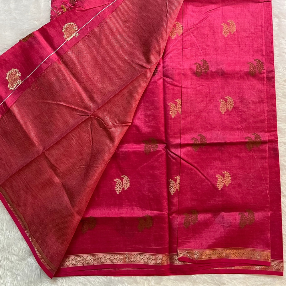 Pink Semi Tussar Saree with Gold and Copper Buttas - Small Border