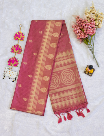 Semi Tussar Saree in Pink Colour - Small checks and Butta with Rich Border