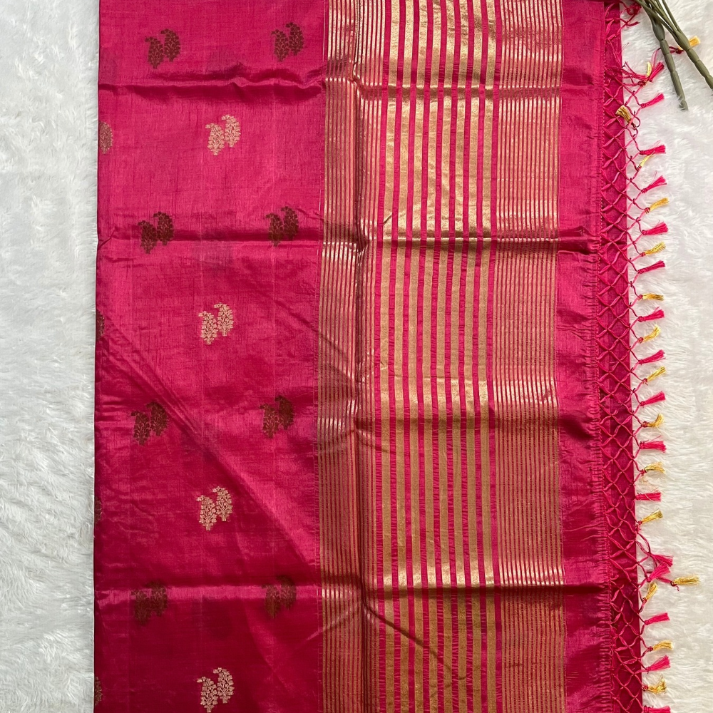 Pink Semi Tussar Saree with Gold and Copper Buttas - Small Border