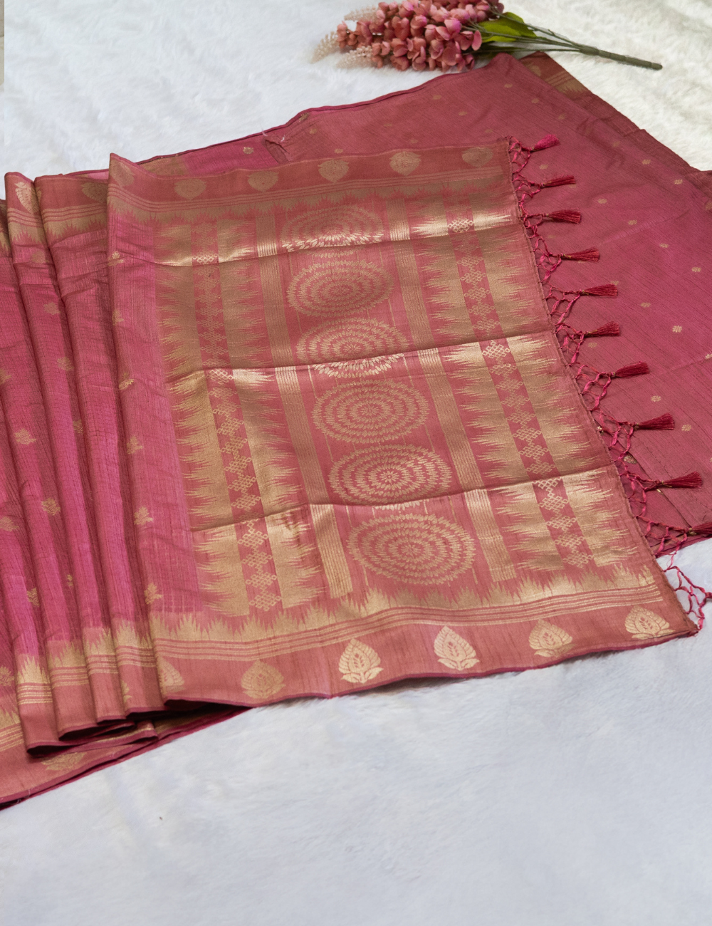 Semi Tussar Saree in Pink Colour - Small checks and Butta with Rich Border