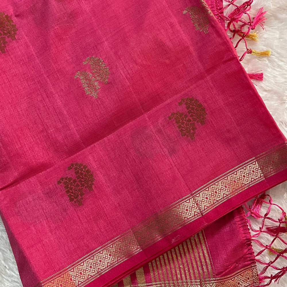 Pink Semi Tussar Saree with Gold and Copper Buttas - Small Border