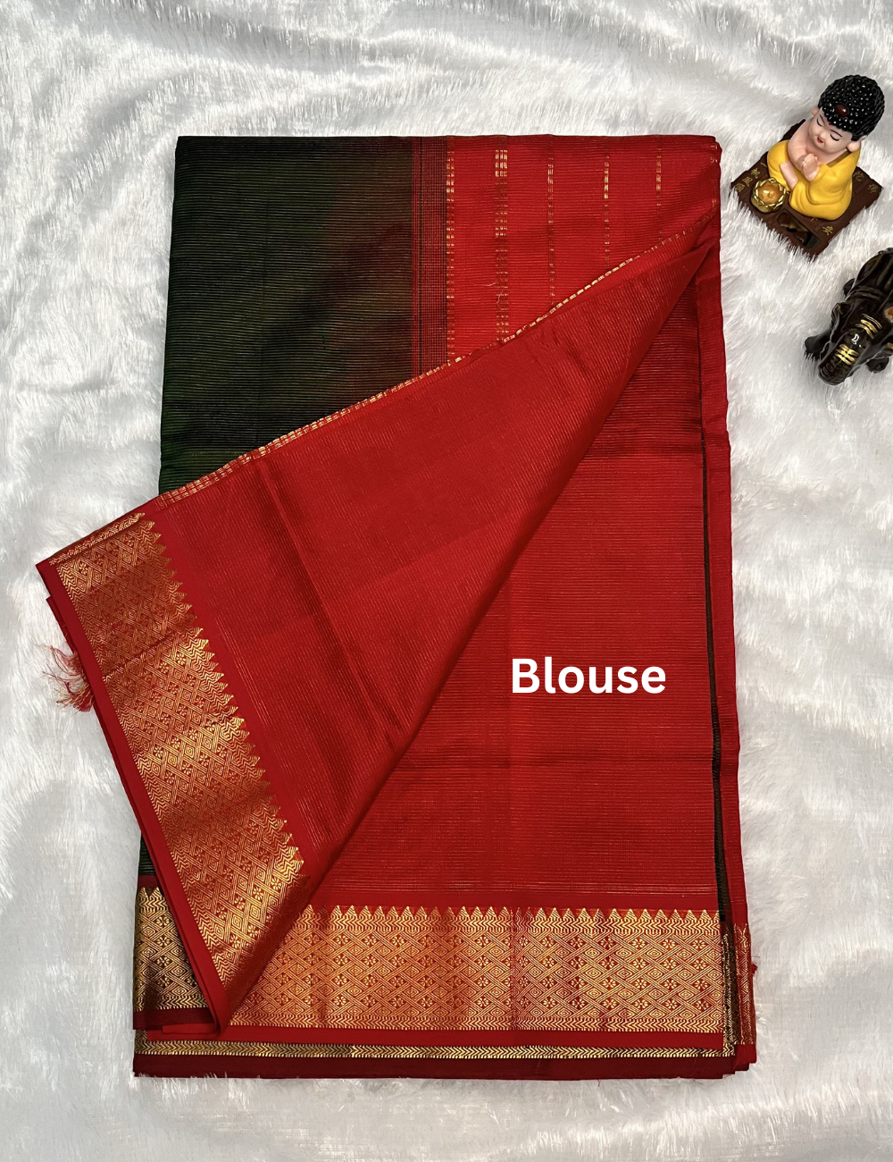 Semi Silk Cotton - Vairaoosi pattern - Bottle Green with Red