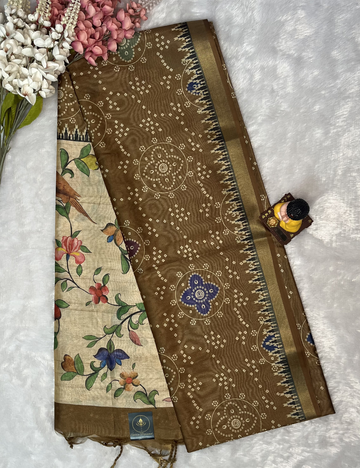 Brown Printed Silk - Bandini Printed Body - Floral Pallu