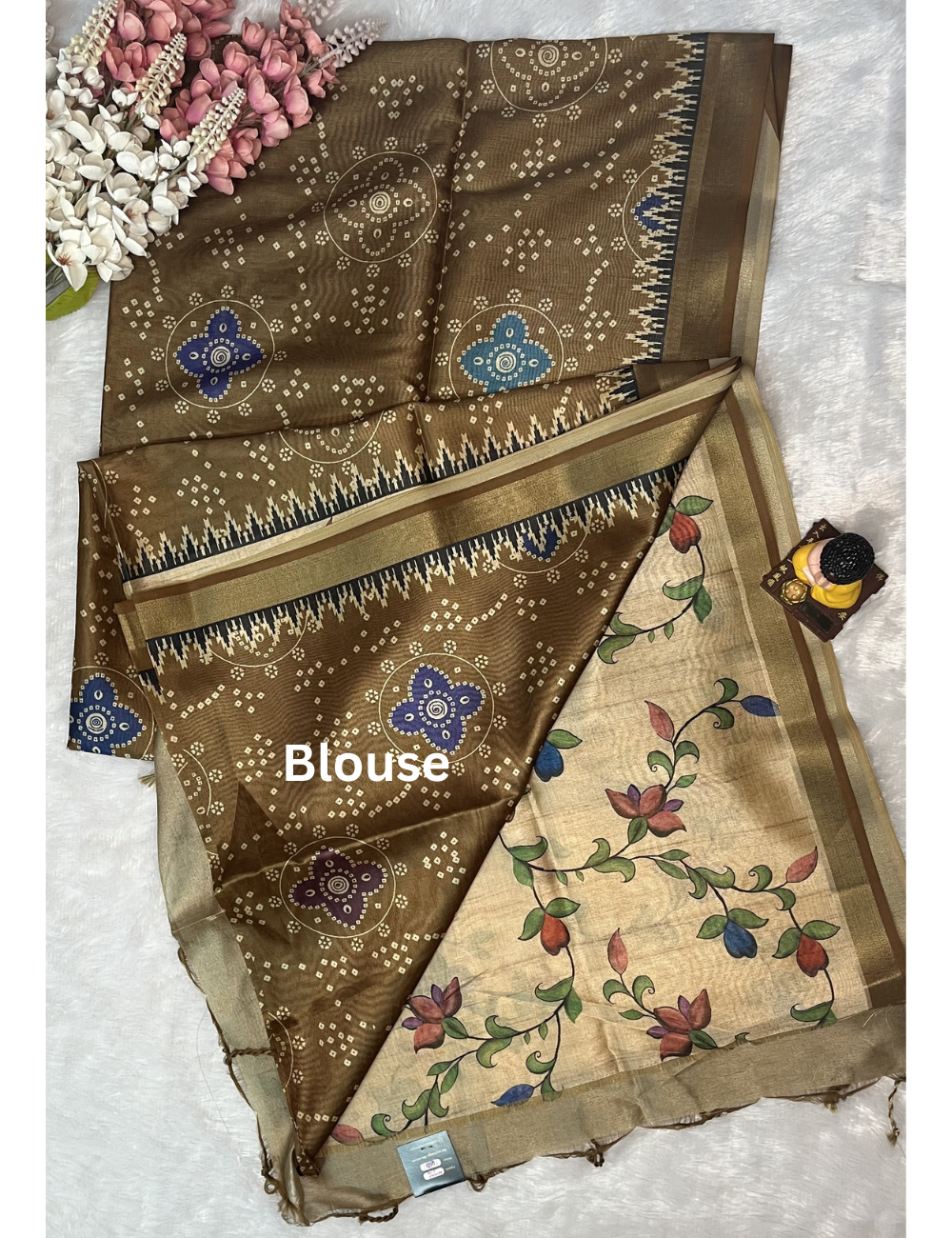 Brown Printed Silk - Bandini Printed Body - Floral Pallu
