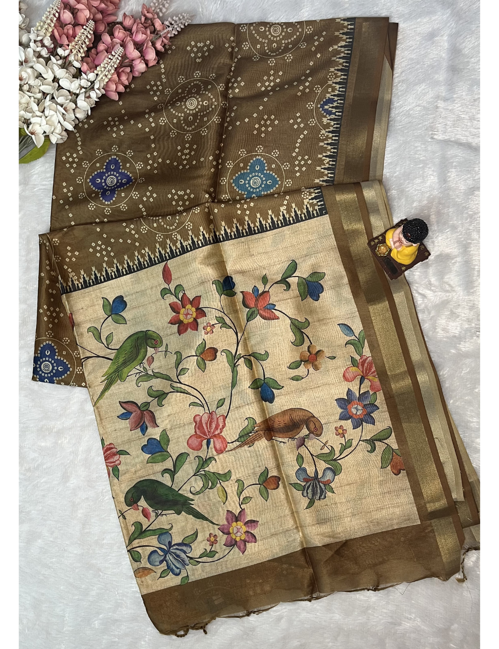 Brown Printed Silk - Bandini Printed Body - Floral Pallu