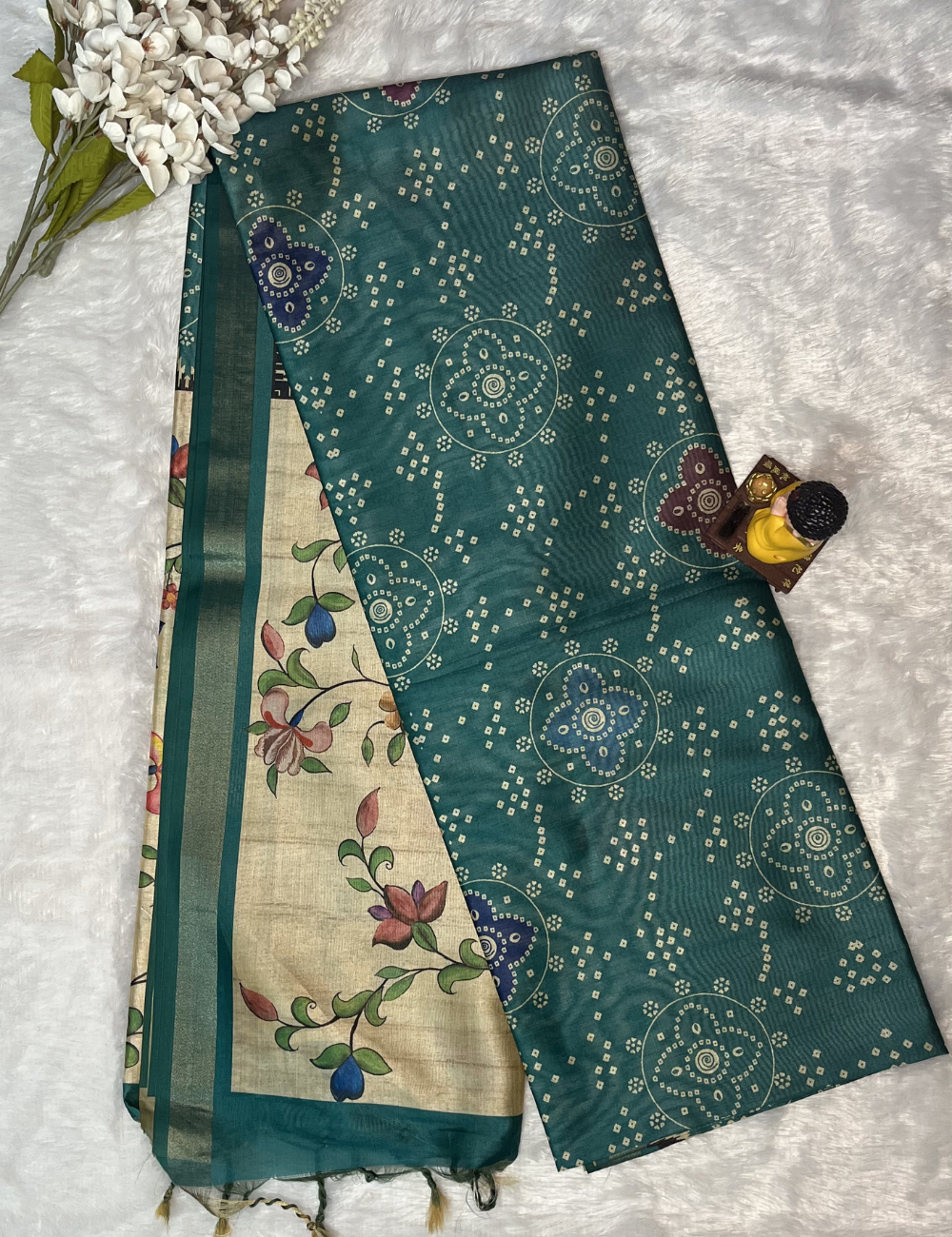 Green Printed Silk - Bandini Printed Body - Floral Pallu