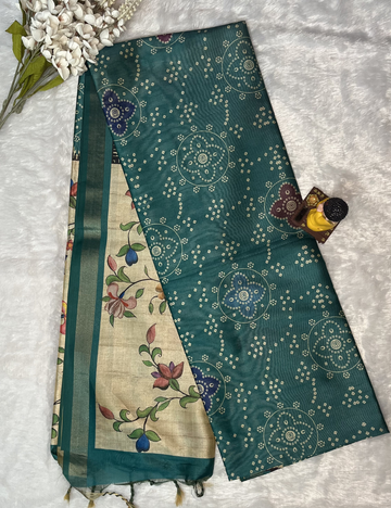 Green Printed Silk - Bandini Printed Body - Floral Pallu