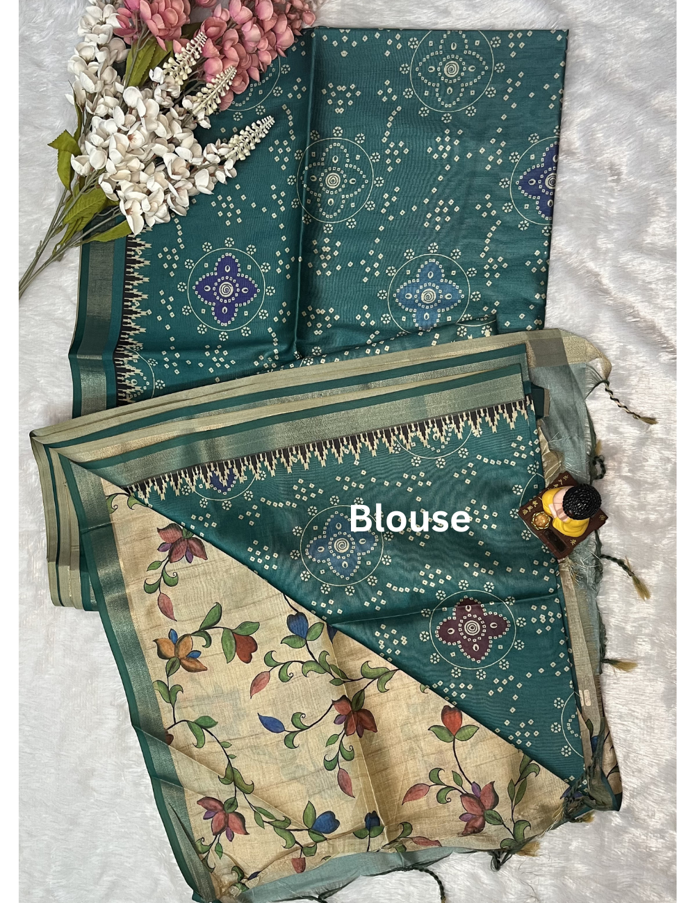 Green Printed Silk - Bandini Printed Body - Floral Pallu