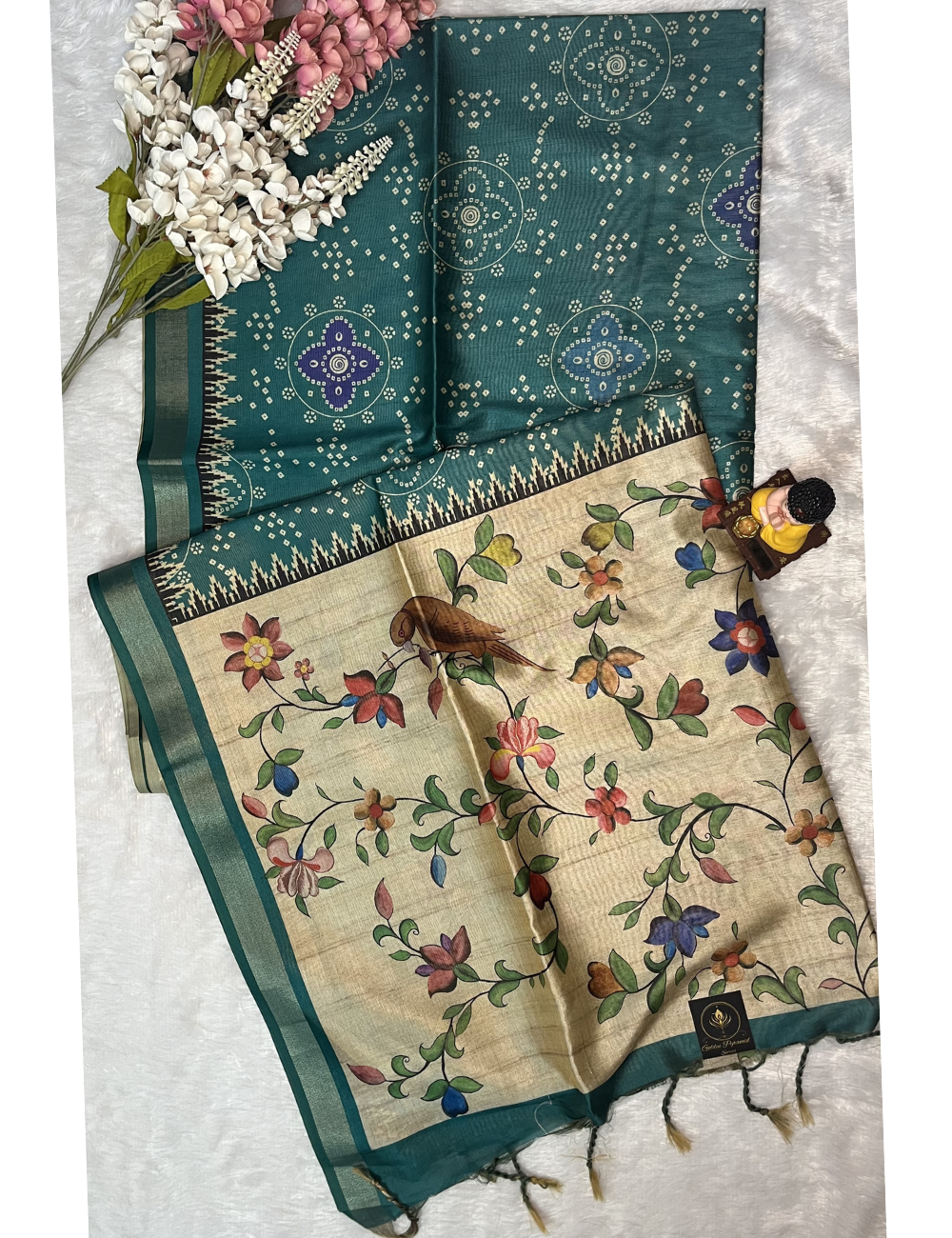 Green Printed Silk - Bandini Printed Body - Floral Pallu