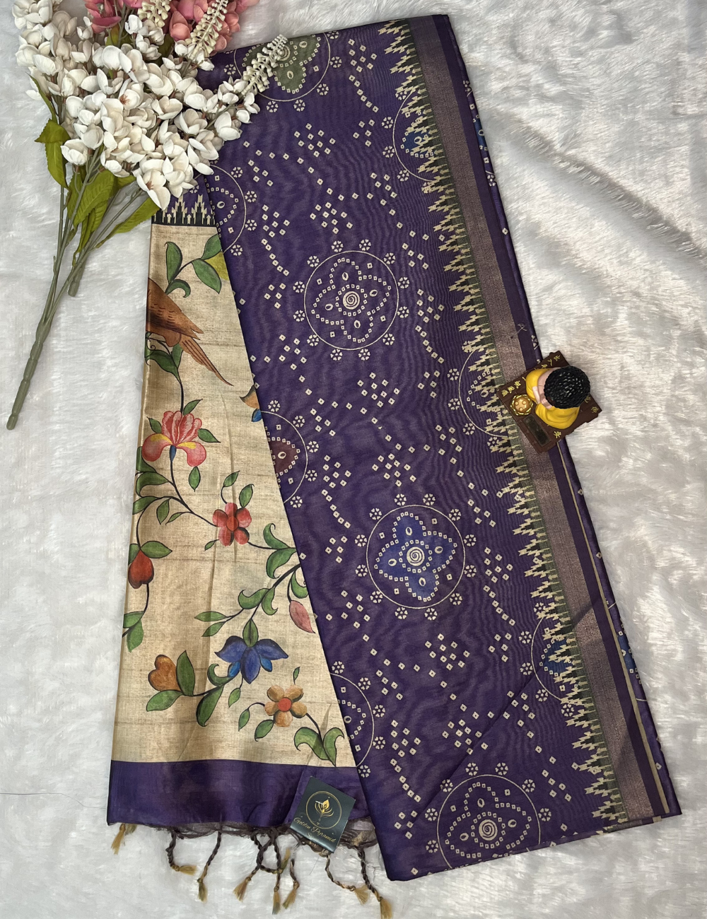 Purple Printed Silk - Bandini Printed Body - Floral Pallu