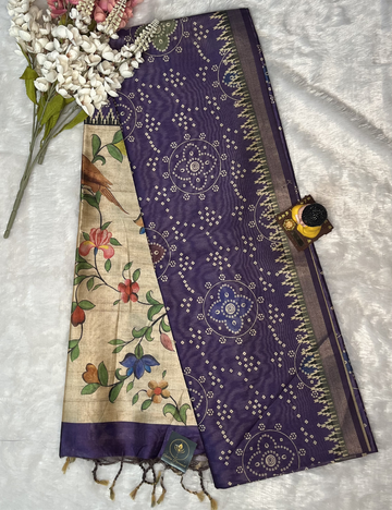 Purple Printed Silk - Bandini Printed Body - Floral Pallu
