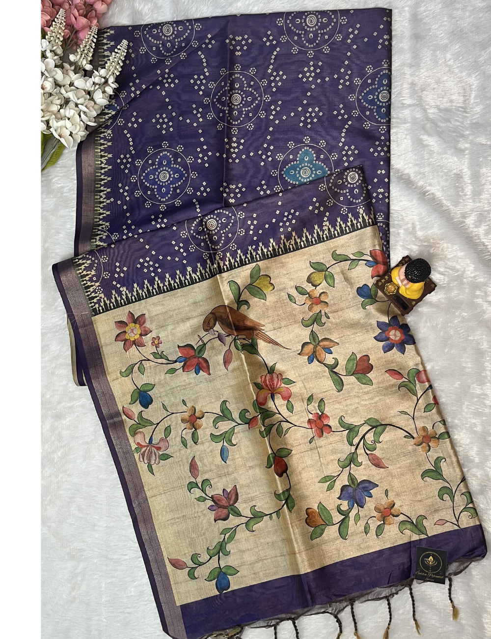 Purple Printed Silk - Bandini Printed Body - Floral Pallu
