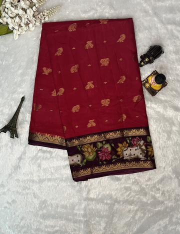 Fancy Artistic Pichwai Border Saree - Red and Brown Colour