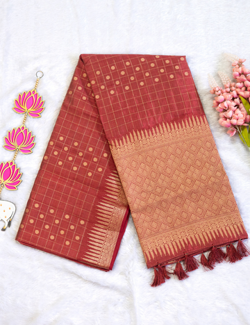 Brick Red Colour Semi Tussar Saree with Checks and Butta All Over - Rich Pallu