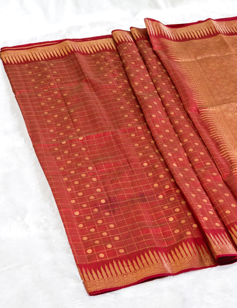 Brick Red Colour Semi Tussar Saree with Checks and Butta All Over - Rich Pallu