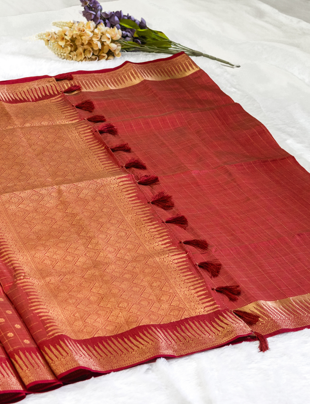 Brick Red Colour Semi Tussar Saree with Checks and Butta All Over - Rich Pallu