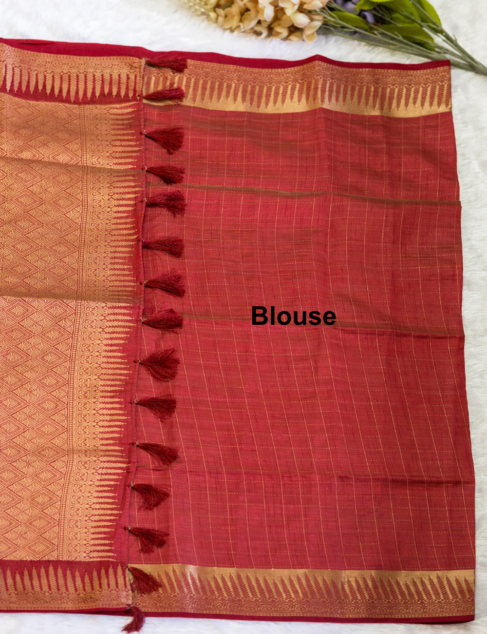Brick Red Colour Semi Tussar Saree with Checks and Butta All Over - Rich Pallu