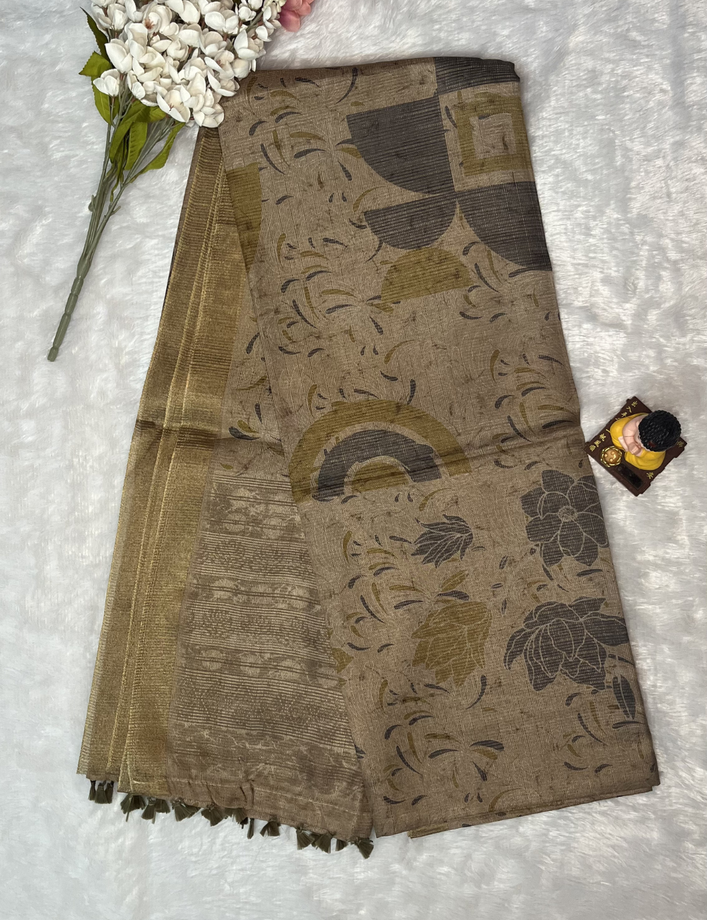 Tissue Silk - Abstract Print - Beige Colour