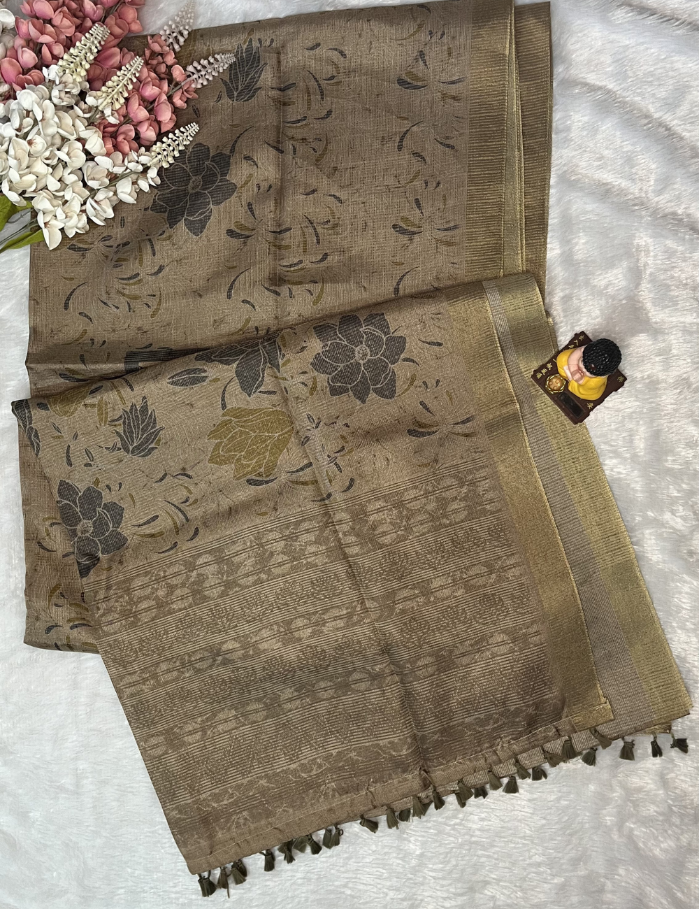 Tissue Silk - Abstract Print - Beige Colour