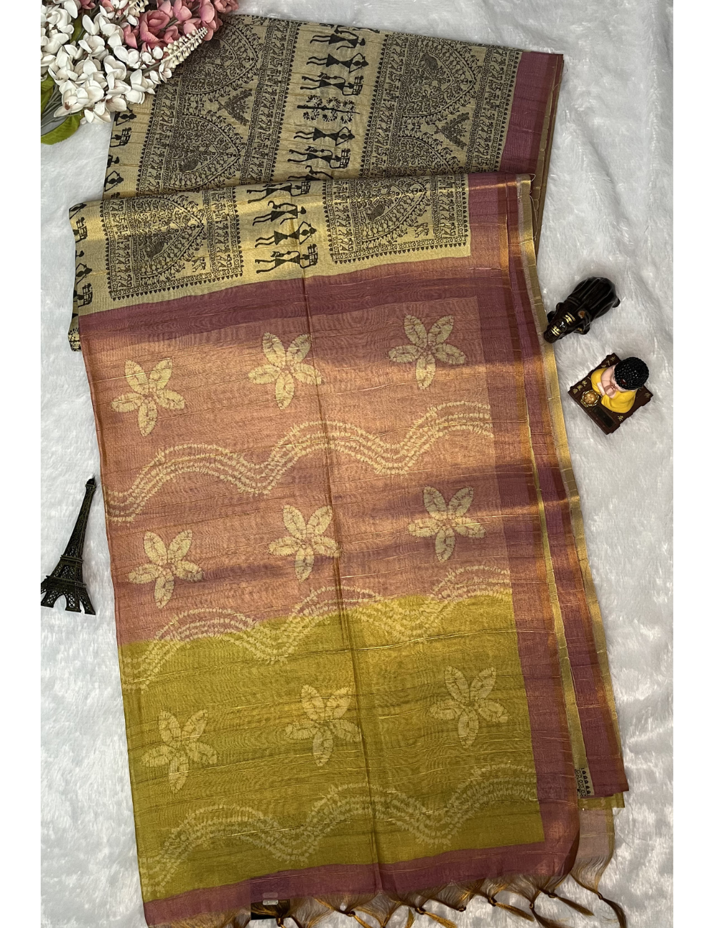Fancy Chanderi Tissue Saree - Black Warli prints - Contrast Pastel Pallu