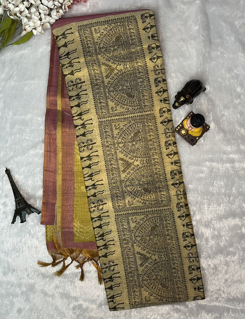 Fancy Chanderi Tissue Saree - Black Warli prints - Contrast Pastel Pallu