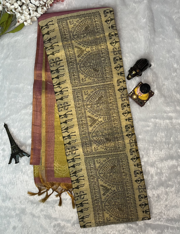 Fancy Chanderi Tissue Saree - Black Warli prints - Contrast Pastel Pallu