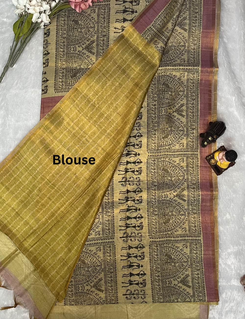 Fancy Chanderi Tissue Saree - Black Warli prints - Contrast Pastel Pallu