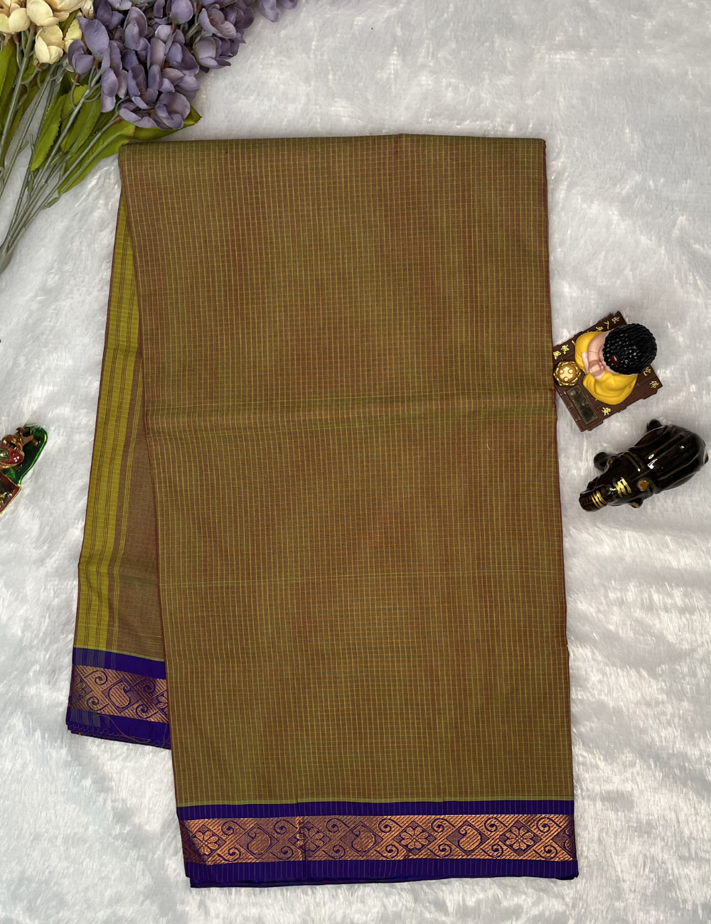 Chettinad Cotton in Dual shade Green PodiKattam - Purple Mango Border