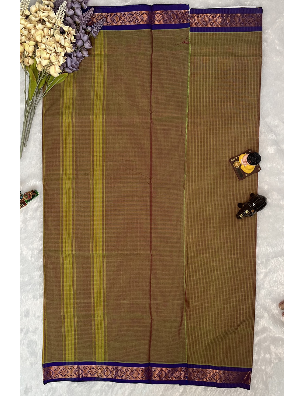 Chettinad Cotton in Dual shade Green PodiKattam - Purple Mango Border