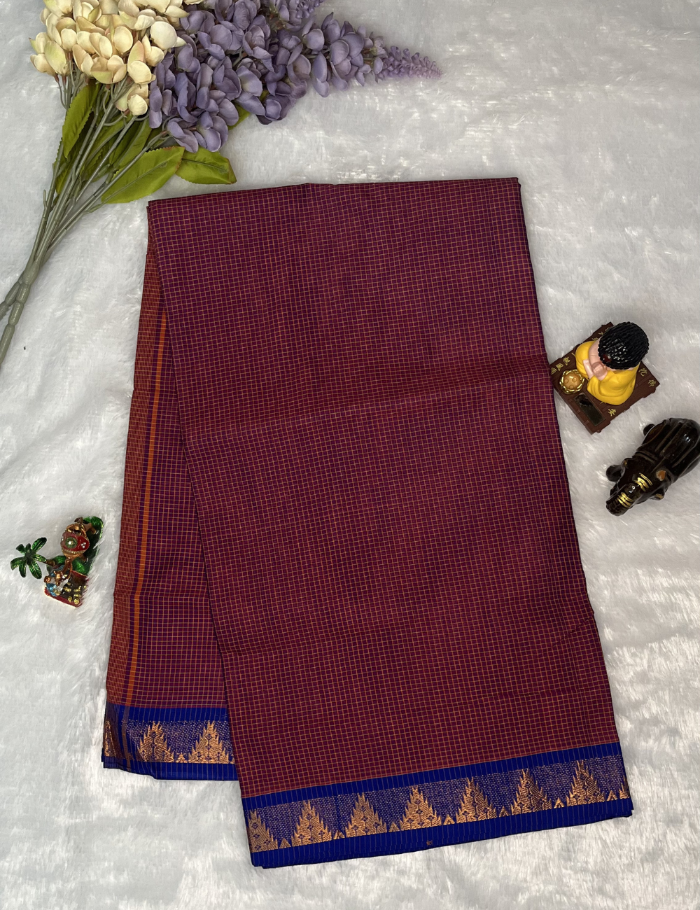 Chettinad Cotton in Magenta PodiKattam - Blue Temple Border