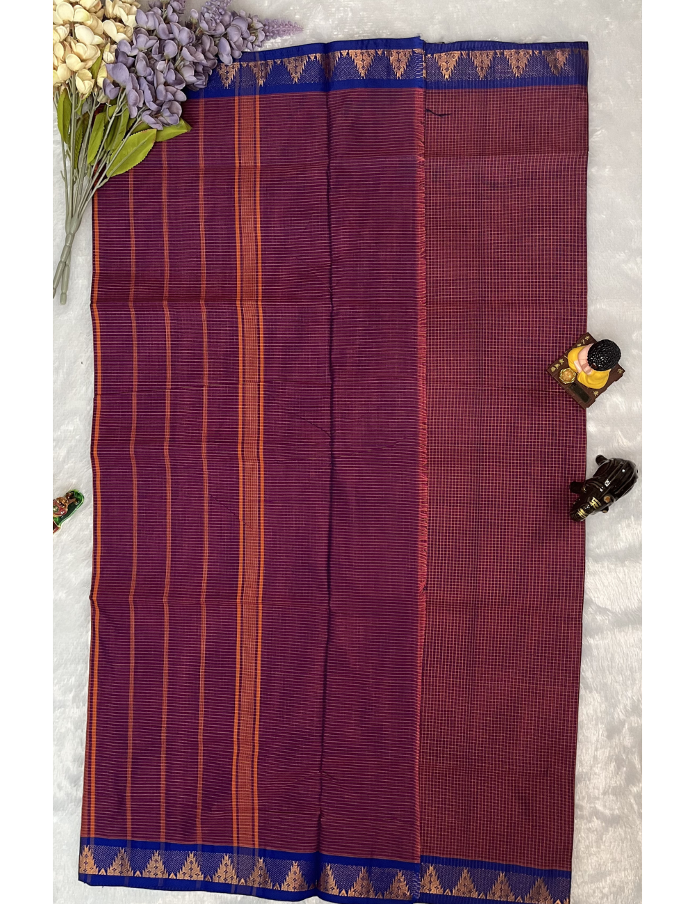 Chettinad Cotton in Magenta PodiKattam - Blue Temple Border
