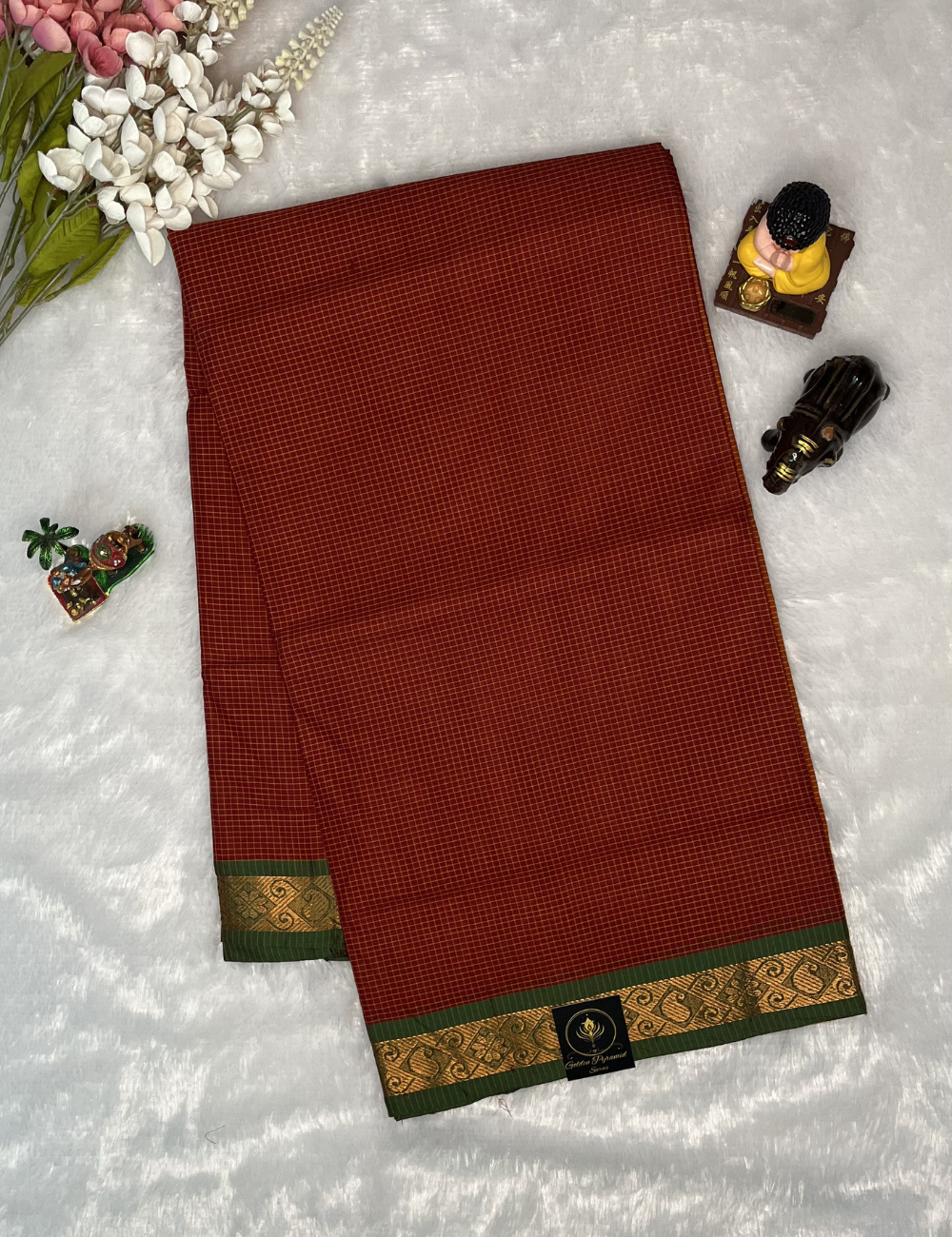 Chettinad Cotton in Maroon PodiKattam - Green Mango Border