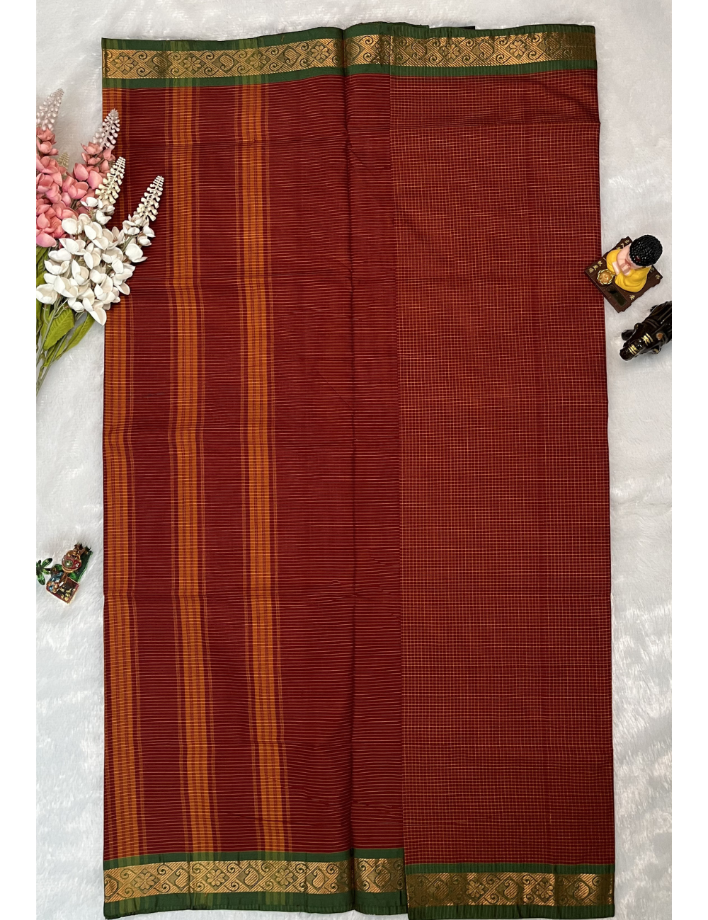 Chettinad Cotton in Maroon PodiKattam - Green Mango Border
