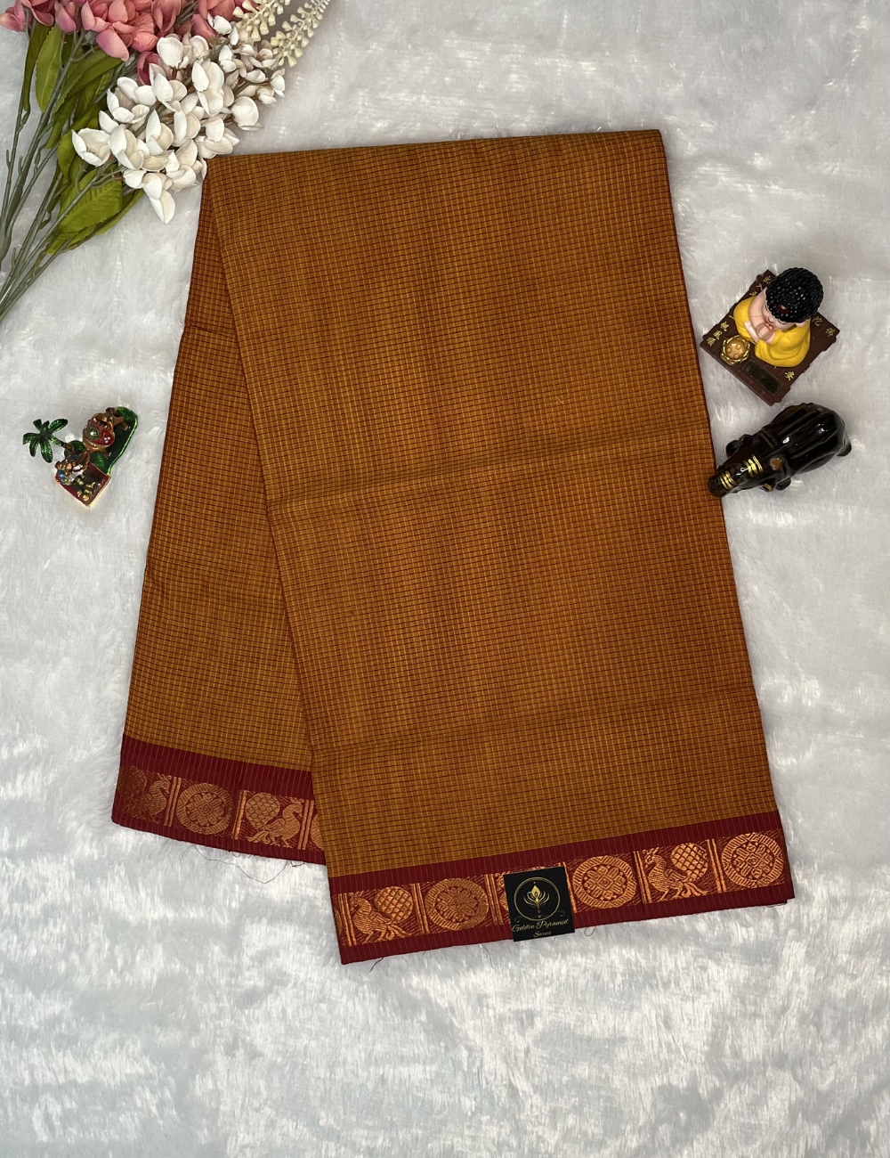 Chettinad Cotton in Mustard PodiKattam - Maroon Mayil Chakram Border