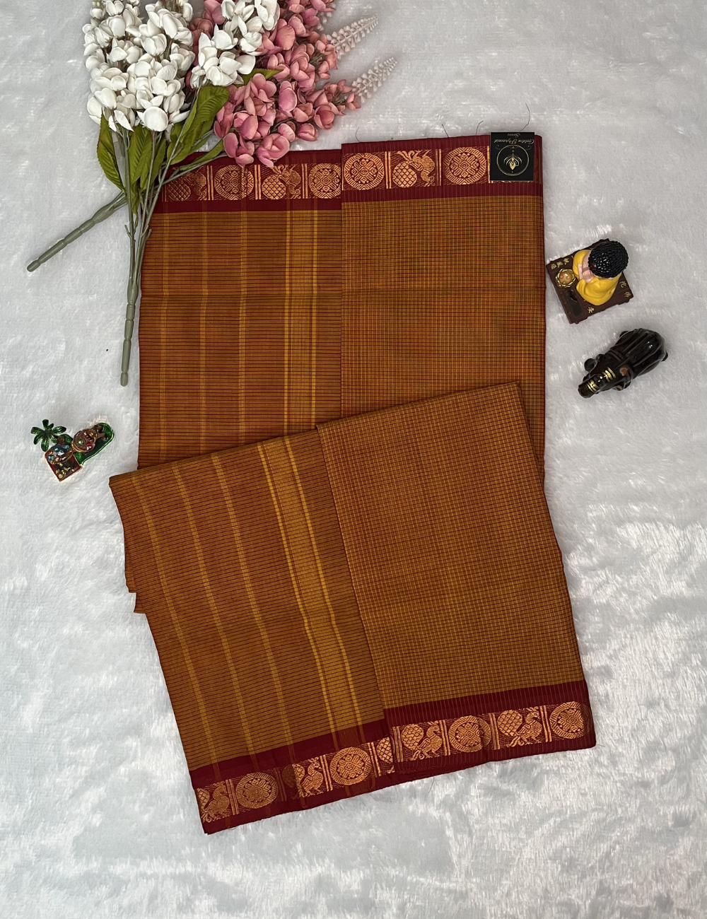 Chettinad Cotton in Mustard PodiKattam - Maroon Mayil Chakram Border