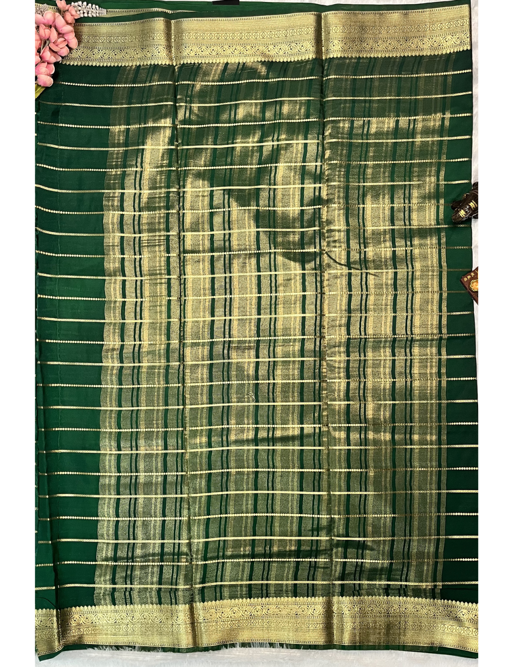 Semi Crepe Saree - Veldhari Pattern Body - Bottle Green