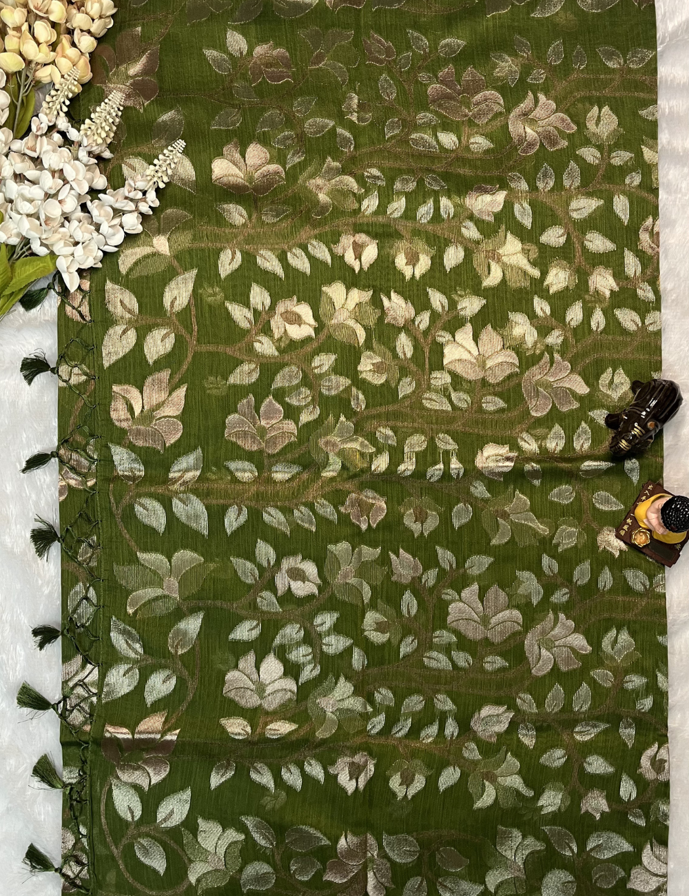 Linen Saree - Golden Jamdani Weaving Body - Bottle Green