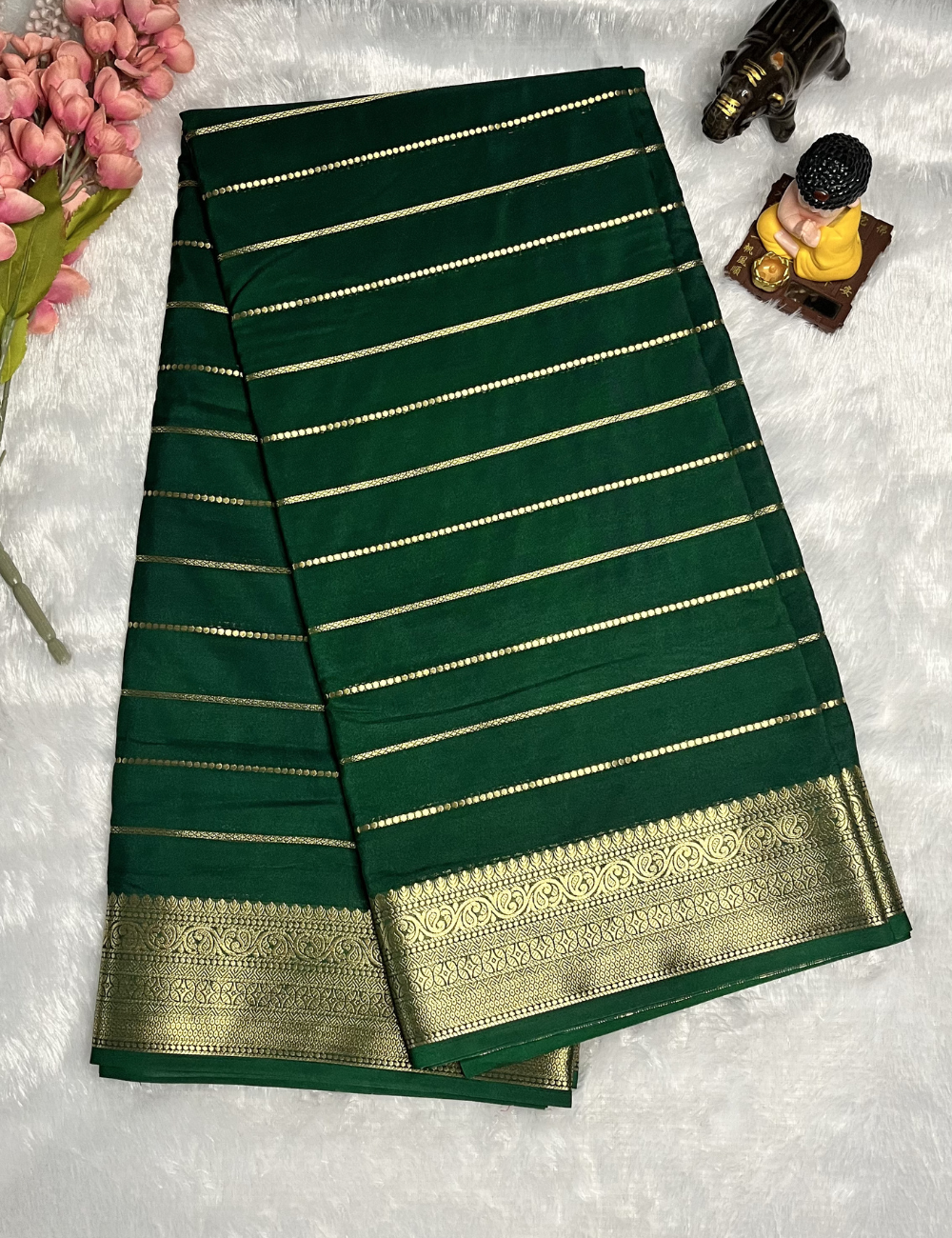 Semi Crepe Saree - Veldhari Pattern Body - Bottle Green