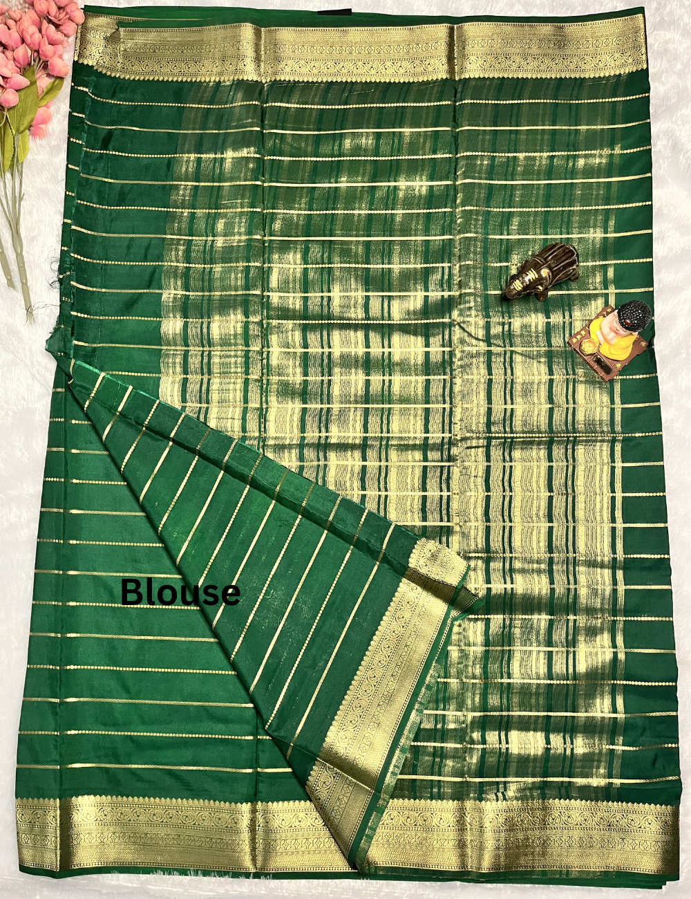 Semi Crepe Saree - Veldhari Pattern Body - Bottle Green