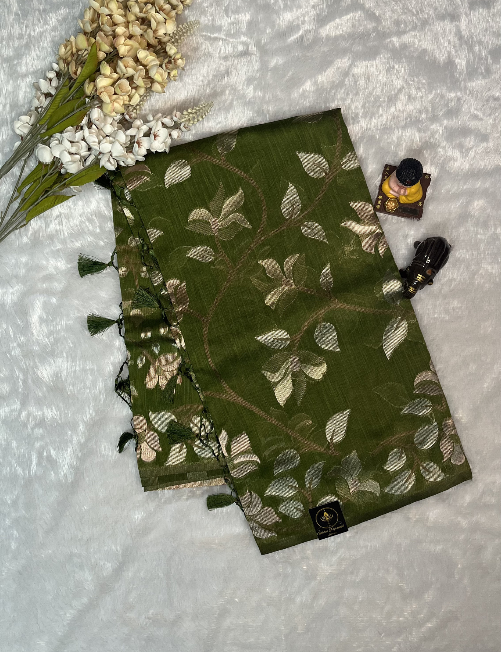 Linen Saree - Golden Jamdani Weaving Body - Bottle Green