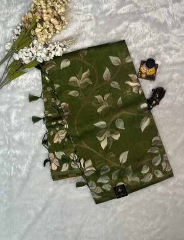 Linen Saree - Golden Jamdani Weaving Body - Bottle Green